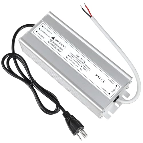 Image of LightingWill LED Driver 100 Watts Waterproof IP67 Power Supply Transformer, 100-240V AC to 24V DC Low Voltage Output, Adapter with 3-Prong Plug 3.3 Feet Cable for Outdoor Use, Computer Project