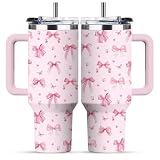 RHONGE Pink Bow Tumbler For Women, Christmas Stainless Steel Vacuum Tumbler 30 Oz, Birthday Christmas Graduation Gifts For Women Mom Sister Best Friends, Pink Bow Travel Coffee Insulated Cup