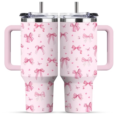 RHONGE Pink Bow Tumbler For Women, Christmas Stainless Steel Vacuum Tumbler 30 Oz, Birthday Christmas Graduation Gifts For Women Mom Sister Best Friends, Pink Bow Travel Coffee Insulated Cup