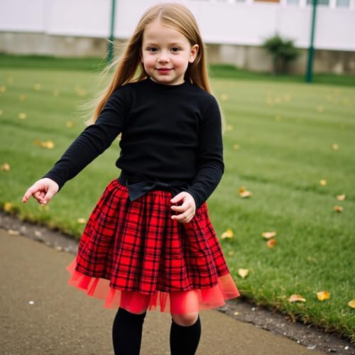 Image of Little Bitty Toddler Girl Skirt Set 2Pcs Outfits Long Sleeve Tops & Red Plaid Skirts with Bowknot Kids Cute Clothes 2T-7T
