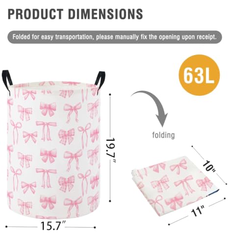 Image of Girls Laundry Hamper Basket, Pink Bowknots