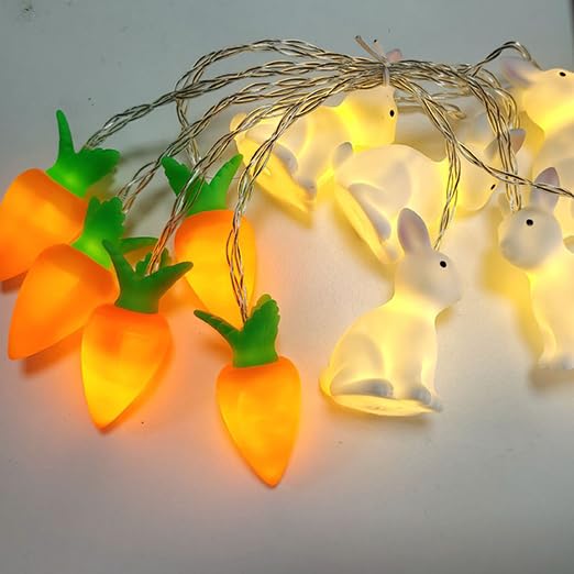Filo di luci a LED con coniglietto pasquale e carota, 20 m, 20 LED, funzionamento a batteria, decorazione pasquale per interni, per feste, casa, interni ed esterni (bianco caldo)