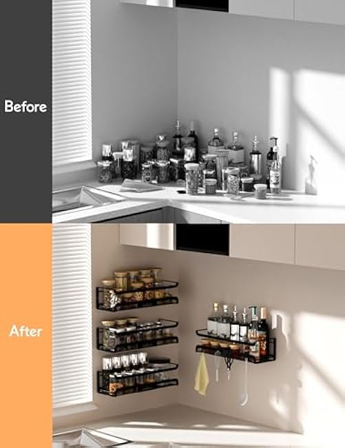 Spice Rack Wall Mount with Hooks - Spice Racks Organizer for Cabinet Storage, Wall Mounted Hanging Shelf Seasoning Organizer, for Kitchen, Pantry Door, Bathroom (Black, 4 Pack)
