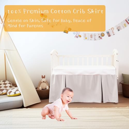 Image of Crib Bed Skirt Dust Ruffle 100% Cotton - Natural, Soft, Breathable for Baby's Delicate Skin, Nursery Toddler Crib Bed Skirt for Baby Boys Girls, Fits Standard Cribs 28 inch x 52 inch with 14 inch Drop