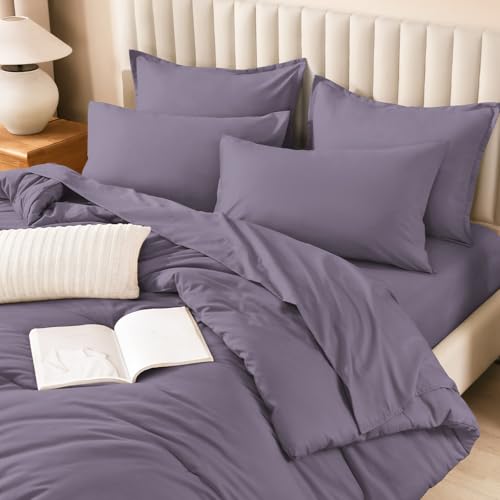 Image of Litanika Full Size Comforter Sets Grey Purple - 7 Pieces Bed in a Bag Full Bedding Comforter Sets, Solid Lightweight Bed Set with Comforter, Sheets, Pillowcases & Shams