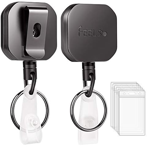 FEELSO Badge Holder Reel Retractable, Metal Heavy Duty Badge Holder with Belt Clip Key Ring and 6pcs Plastic ID Card Holders, Steel Wire Cord Up to 25 inch (2 Pack) Cover