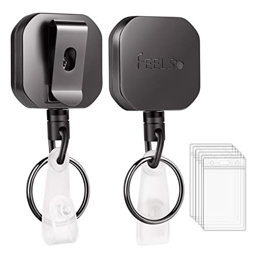 Badge Holder Reel Retractable, FEELSO Metal Heavy Duty Badge Holder with Belt Clip Key Ring and 6pcs Plastic ID Card Holders, Steel Wire Cord Up to 25 inch (2 Pack)