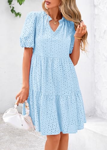 Image of KIRUNDO Eyelet Summer Dresses for Women 2026 Mini Casual Hollow Out Short Sleeve Lace Tiered V Neck Shift Dress Pockets