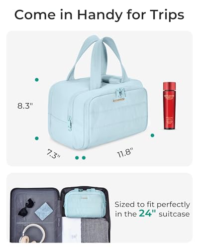 Image of BAGSMART Travel Toiletry Bag, Puffy Toiletry Bag for Women, Wide-Open Toiletry Bags for Traveling, Large Travel Cosmetic Makeup Bag Organizer for Accessories,Toiletrie, Blue, Puffy