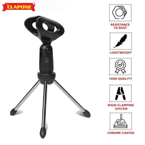 Image of Compact Tripod Microphone Stand Adjustable Foldable & Portable Holder Frameworks Mini Tripod Desktop Microphone Stand with Clip for Wired Mics and Collapsible Legs CLP-MIC-STAND-X1
