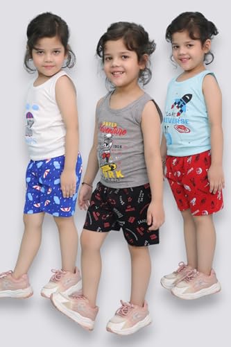 Image of Chandrika Kids Cotton Coordinated Set Pack of 3 half Sleeve And sleeveless T-Shirts & Shorts and skirt Baby Girls Summer Dress Combo