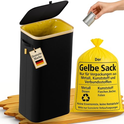 ZUHAUSEZIRKEL® Gelber Sack Ständer 80L – mit Metall-Ring & Bambus-Rand – Mülleimer mit Deckel – für Standard 62×90 cm Gelbe Säcke – Abfallsammler für Haushalt & Küche – Schwarz