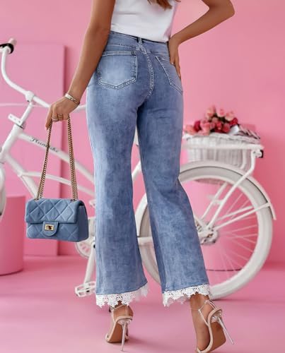Womens Ankle Flare Jeans High Waist Lace Trim Bell Bottom Stretchy Ankle Jeans Wide Leg Short Denim Flare Pants2