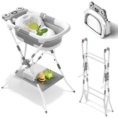 AVIDOR 2‑in‑1 Baby Bathtub with Stand,Foldable Frog Bath for Infant Toddler,Portable Travel Tub with Soft Cushion for 0‑18 Months Newborns,Gray