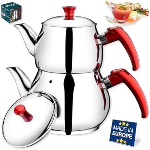 Hakan Stainless Steel Double Bondy Tea Pot Set with Self Strainer Double Lids, Turkish Samovar Style Teapot Set, Tea Kettle for Loose Leaf Tea with Bakelite Handle (Maxi with Red Handles - 107 fl oz) Cover