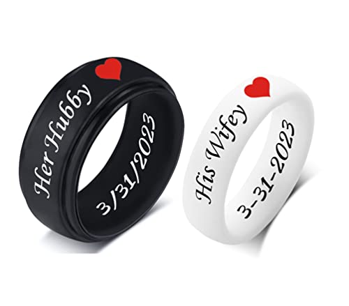 8MM+6MM Personalized Rubber Matching Silicone Rings Step Edge & Dome with Red Heart Comfortable Engagement Gift His & Hers Wedding Band, Silicone Rings for Couples, Standard US Size 4 to 12
