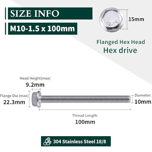 Image of M10-1.5 x 100mm Hex Flange Bolt (4 inch Thread Length), DIN6921, Serrated Locking Flange, 304 Stainless Steel, UNC Full Thread, 6-Pack