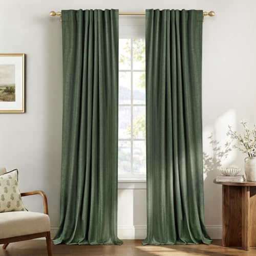 Image of 100% Blackout Shield Green Linen Blackout Curtains for Bedroom 84 Inches Long, Back Tab /Rod Pocket Living Room Drapes, Thermal Insulated Blackout Curtains 2 Panels Set, 50 inch W x 84 inch L,Loden