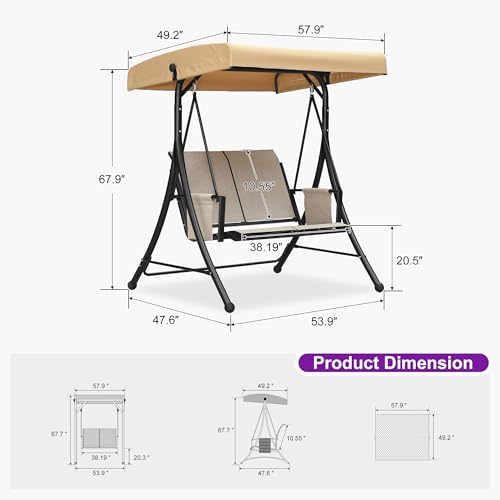 Image of PURPLE LEAF Porch Swing with Adjustable Tilt Canopy 2-Seat Patio Swing with Stand and Metal Steel Frame All-Weather Outdoor Swing Chair Seat Space-Saving for Backyard Garden Deck (Silver Grey)
