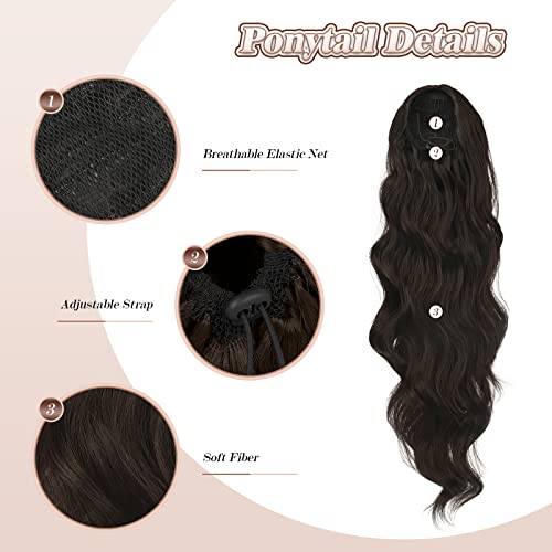 FESHFEN Long Ponytail Extension Curly Wavy Clip in Synthetic Hairpieces Drawstring Ponytail Medium Brown Pony Tail Hairpiece Hair Pony Extension for Women Girls 24 inch - Image 3