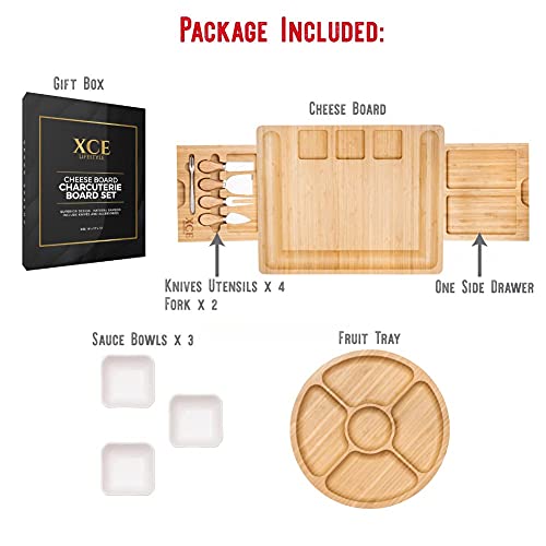 Xce Bamboo Cheese Board And Charcuterie Board With Knife Set, 16 X 13 X 1.5 Inch, Include Extra Round Fruit Plate - Gift For Men, Women, Mother, Housewarming #TOP1