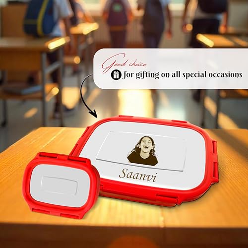 Image of SAVRI Personalized Kids Stainless Steel Lunch Box Red- Customized Photo & Name Laser Printed Tiffin Box | Leakproof School Snack Storage for Boys & Girls | Birthday Return Gift, Daycare & Picnic Use