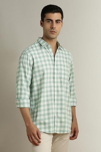 Image of Peter England Men's Checkered Cotton Shirt | Smart Casual | Full Sleeves Slim Fit