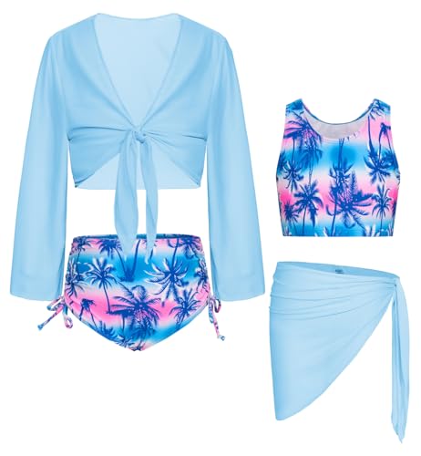 Image of GRACE KARIN Girls Bathing Suit Adjustable Taniki Swimsuit Tie Front 4 Piece Bikini Set with Kimono Cover Up 6-14