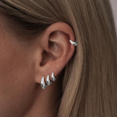 Image of Small Gold Huggie Hoop Earrings Set for Women Men Hypoallergenic 14K Plated Stack Cartilage Earrings, Sterling Silver Multiple Piercing Lightweight Mini Thin Cute Dainty Trendy Jewelry Gifts for Women