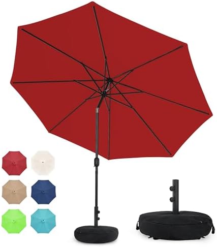 Sundale Outdoor 10 ft Patio Umbrella with Sand Bag Umbrella Base Included, Outdoor Umbrella with Tilt and Crank, Red