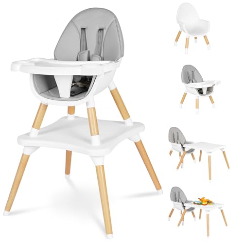 Image of 6 in 1 High Chair for Babies & Toddlers, Convertible Wooden Baby Highchair, Table and Chair Set, Baby Feeding Chair, 5-Point Adjustable Harness/4-Position Removable Tray& PU Seat Cushion(Grey)