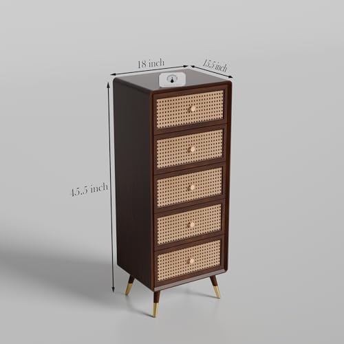 Image of Solid Sheesham Wood Chest of 5 Drawers | Multipurpose Console Dresser with 5-Compartment Storage Cabinet with Rattan Cane Design for Bedroom, Living Room & Office | Walnut Finish