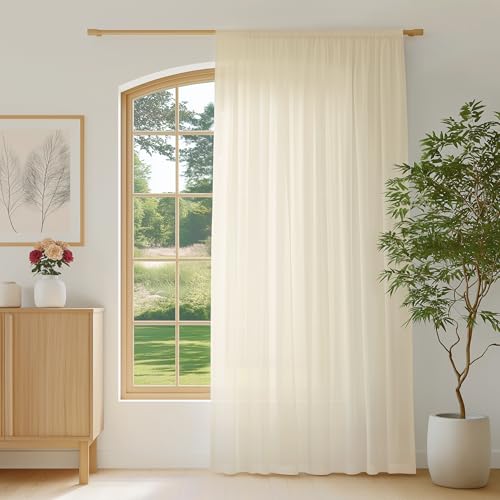 Image of FMFUNCTEX Cream Sheer Curtains, 84 Inch, Rod Pocket, 1 Panel for Bedroom | Sliding Door Extra Wide Semi Sheer Drapes,Faux Silk That Let Light,Non-See-Through Patio Glass Door Curtain for Living Room