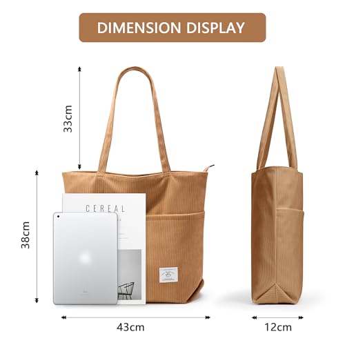 Image of KALIDI Women Corduroy Tote Bag Zipper Casual Tote's Handbag Big Capacity Shoulder Bag with Pockets