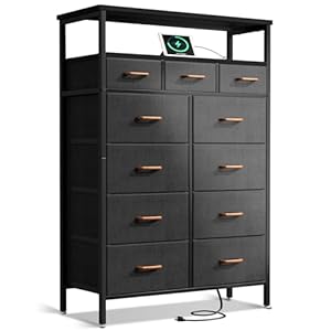 AODK Dresser with Charging Station, 59″ Tall Dresser with 11 Large Storage Drawers and Shelves, Chest of Drawers Large Fabric Dresser for Bedroom, Living Room, Closet, Black and Dark Grey