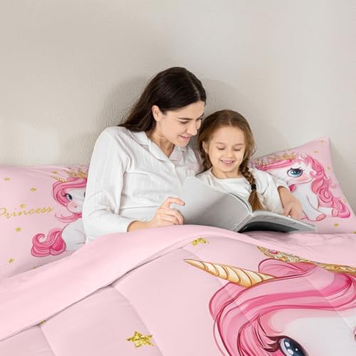 Image of Erosebridal Pink Unicorn King Bed Comforter Set for Girls | Kawaii Princess Unicorn Bedding Set Cute Stars Reversible Bed Sets Girly Cartoon Horse Quilt Comforter Fantasy Girls Room Decor,3 Pcs