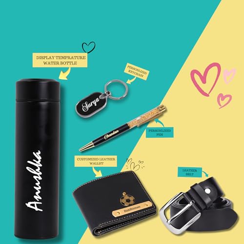 Image of Personalized Name & Charm Leather Mens Wallet Combo | Gifts for Men Husband Boyfriend Staff Employees Clients Colleagues Friend (Wallet,Pen,Keychain,Belt&Bottle)