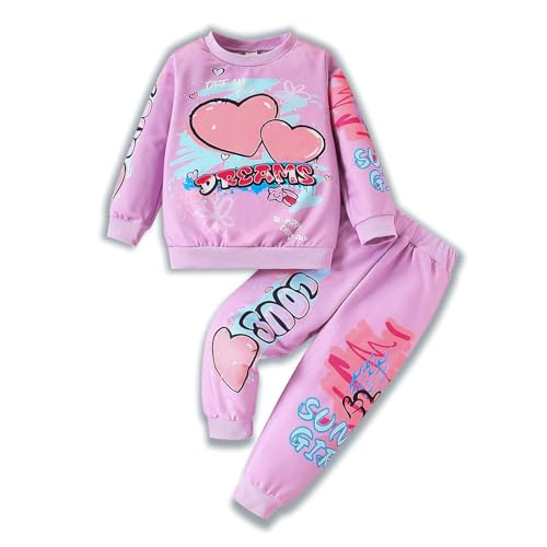 Image of Kids Toddler Girl Clothes Heart Letter Print Long-sleeved round collar top+Letter Print Pants Outfits Set