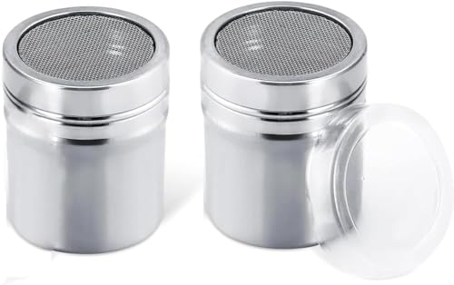 2Pcs Chocolate Shaker,Chocolate Powder Shaker Stainless Steel Coffee Icing Sugar Shaker Duster Flour Sifter with Lid Cocoa Spice Powder Shaker Flour Shakers for Kitchen Cappuccino Coffee Latte