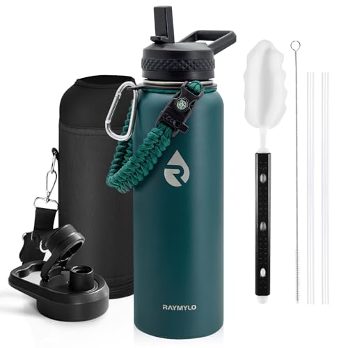 Image of RAYMYLO Insulated Water Bottle 40 oz, Triple Wall Vacuum Stainless Steel (Cold for 36Hrs, Hot for 18Hrs), Leak Proof & Non-BPA, Modern Water Flask Jug with Paracord Handle & Straw Spout Lids