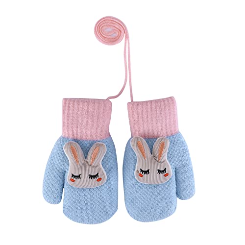 LONTG Moufle Enfant Hiver Gants Tricoté Chaud Garçon Fille 4-8 Ans Gants avec Ficelle Anti-Perdue Mitaines Complet Thermique Motif Lapin Mignon Gants Doublure Polaire pour Ski Neige Extérieur