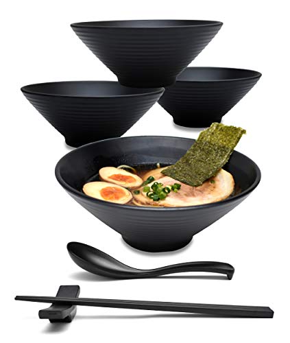 4 Sets 30 Ounce Japanese Ramen Noodle Soup Bowl Melamine Hard Plastic Dishware Ramen Bowl Set with Matching Spoon and Chopsticks for Udon Soba Pho Asian Noodles 4 Black 75 inches
