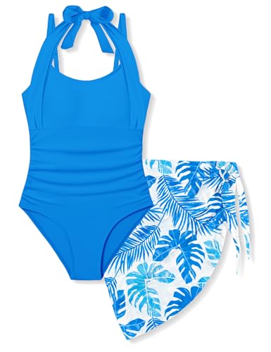 Image of Girls Swimsuit Set - Halter Neck One Piece Bathing Suit with Tropical Cover Up Skirt Swimwear for Kids 7-18Y