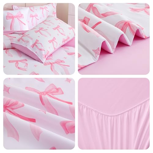 Image of DORCAS Bow Full Size Comforter Set for Girls,6 Pieces Bed in A Bag Pink Bow Bedding Sets with Sheets for Kids