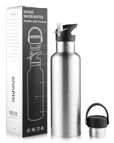 Sivaphe Water Bottle Insulated Bottle Drink Flasks Leak-Proof for Sports Outdoor Stainless Steel Double Walled Vacuum with Lids and Straw 750ml Steel