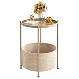 Xiacare Small Round Side Table with Felt Storage Basket, Metal End Table with Removable Tray and Adjustable Feet, Accent Table for Nursery, Bedroom, Living Room, Laundry Room, Gold