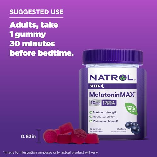 Image of Natrol MelatoninMax, Sleep Gummies for Adults, Blueberry Flavor, 10 mg, 80 Count, Up to an 80 Day Supply (Pack of 12)