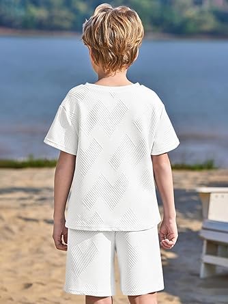 Haloumoning Conjunto de ropa para niño de verano, color sólido, manga corta, camiseta con pantalones cortos elásticos, ropa informal conjuntos con estructura — view 5