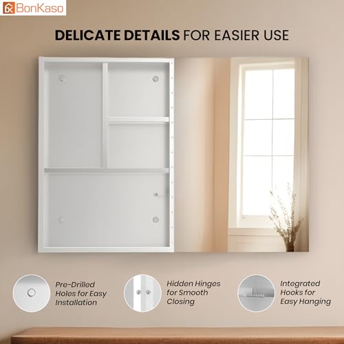 Image of BonKaso Premium Bathroom Cabinet with Mirror | 304 Stainless Steel Wall-Mounted Mirror Cabinet for Wash Basin & Bathroom Storage (12x18 Inch, Chrome Finish)
