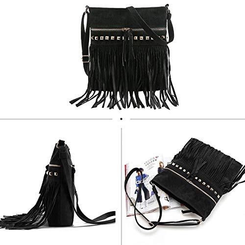 Image of Hoce Women's Leather Fringe Messenger Bag Large Hobo Crossbody Tassel Shoulder Bags, Gift for Mom Wife Girlfriend